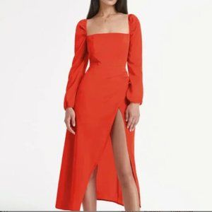 Square Neck Long Sleeve Fitted Bodice Wrap Dress